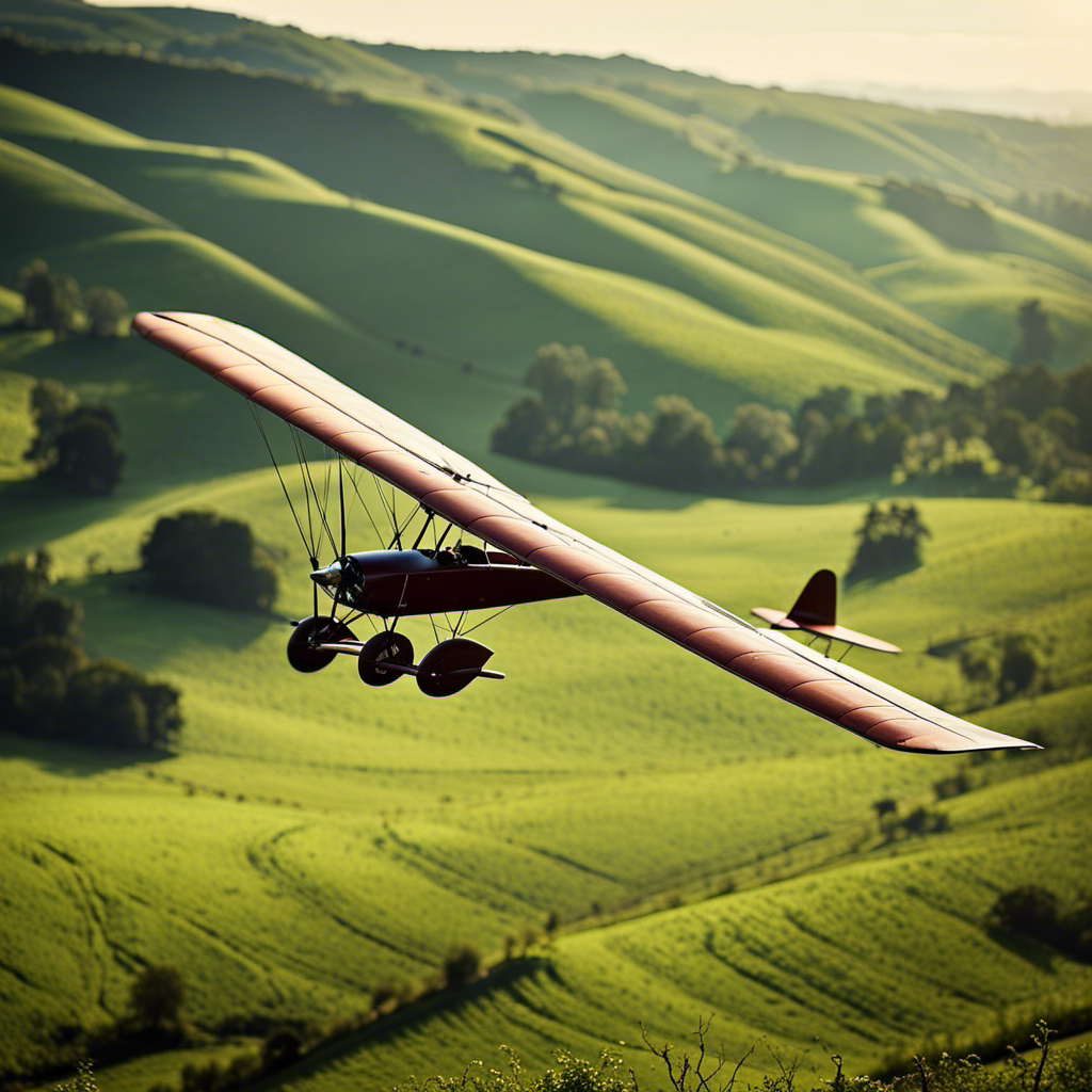 An image portraying the breathtaking moment when the earliest glider, designed by an ingenious mind, gracefully soars above lush green landscapes, capturing the essence of the day gliders were first invented