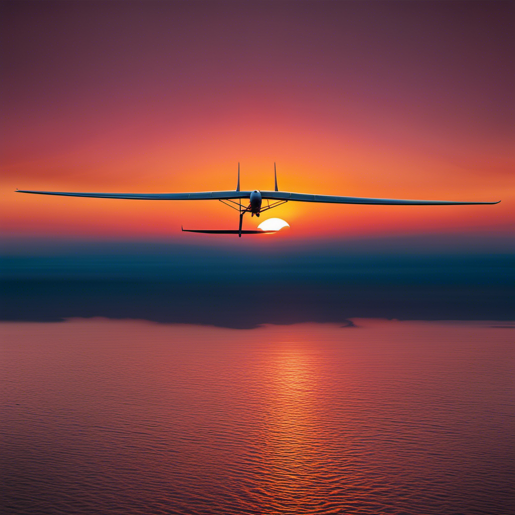 An image showcasing a vibrant sunset horizon, where a graceful split-wing glider soars across the sky, its sleek silhouette contrasting against the dazzling hues