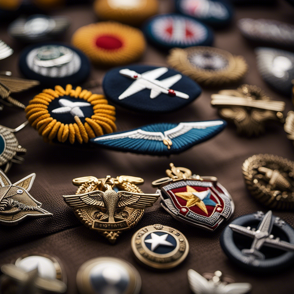 An image showcasing a vintage market stall adorned with a diverse array of meticulously crafted Luftwaffe glider pilot badges, each delicately embroidered on original, high-quality cloth