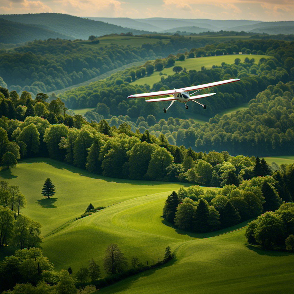 An image showcasing the enchanting beauty of Pennsylvania's lush green landscape, featuring a glider plane soaring gracefully above the rolling hills and tranquil streams, enticing readers to discover where they can embark on breathtaking glider plane rides