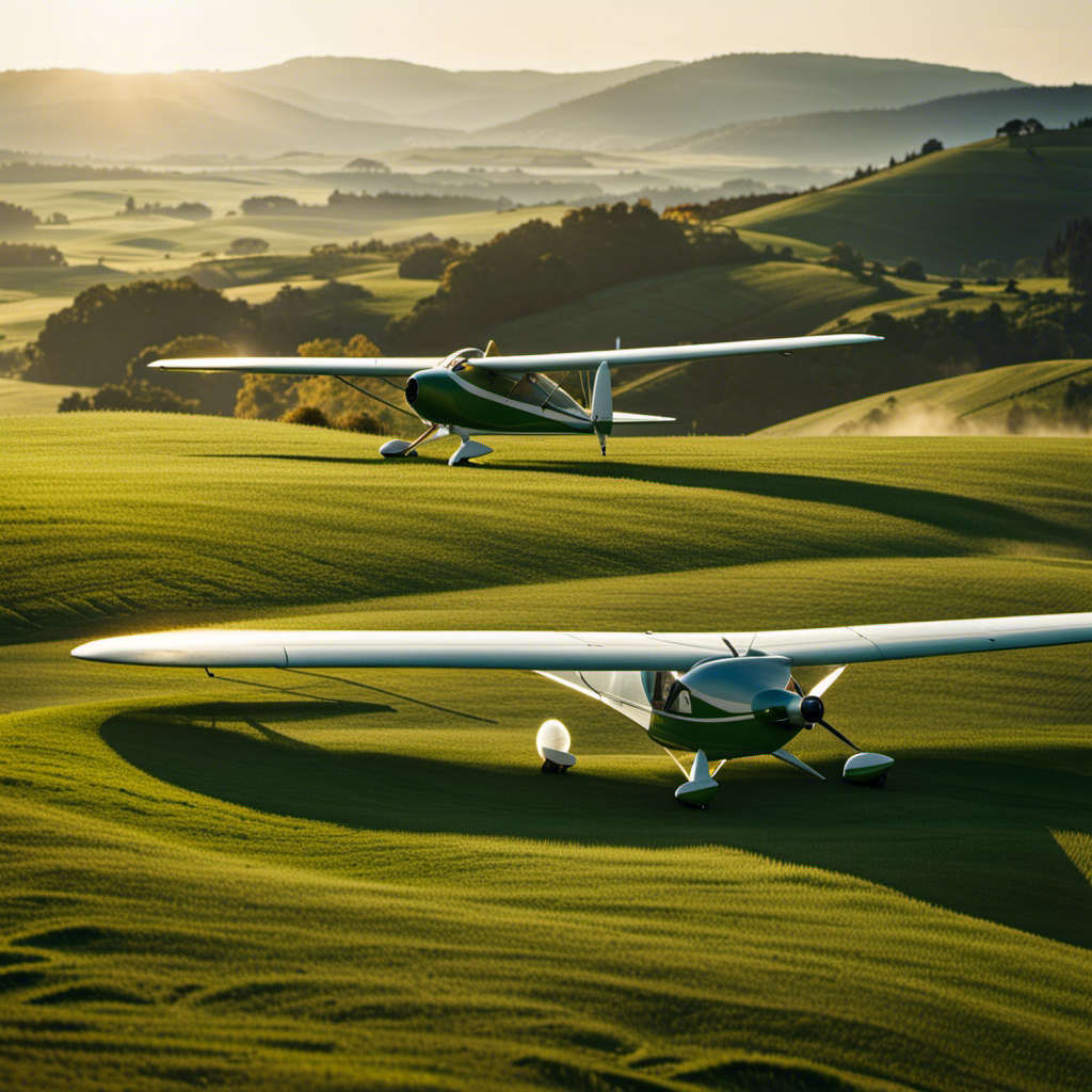 An image showcasing a serene landscape with rolling green hills, a small airstrip nestled amidst the countryside, and a row of sleek sailplanes glistening in the sunlight, inviting readers to explore where they can rent these graceful flying machines