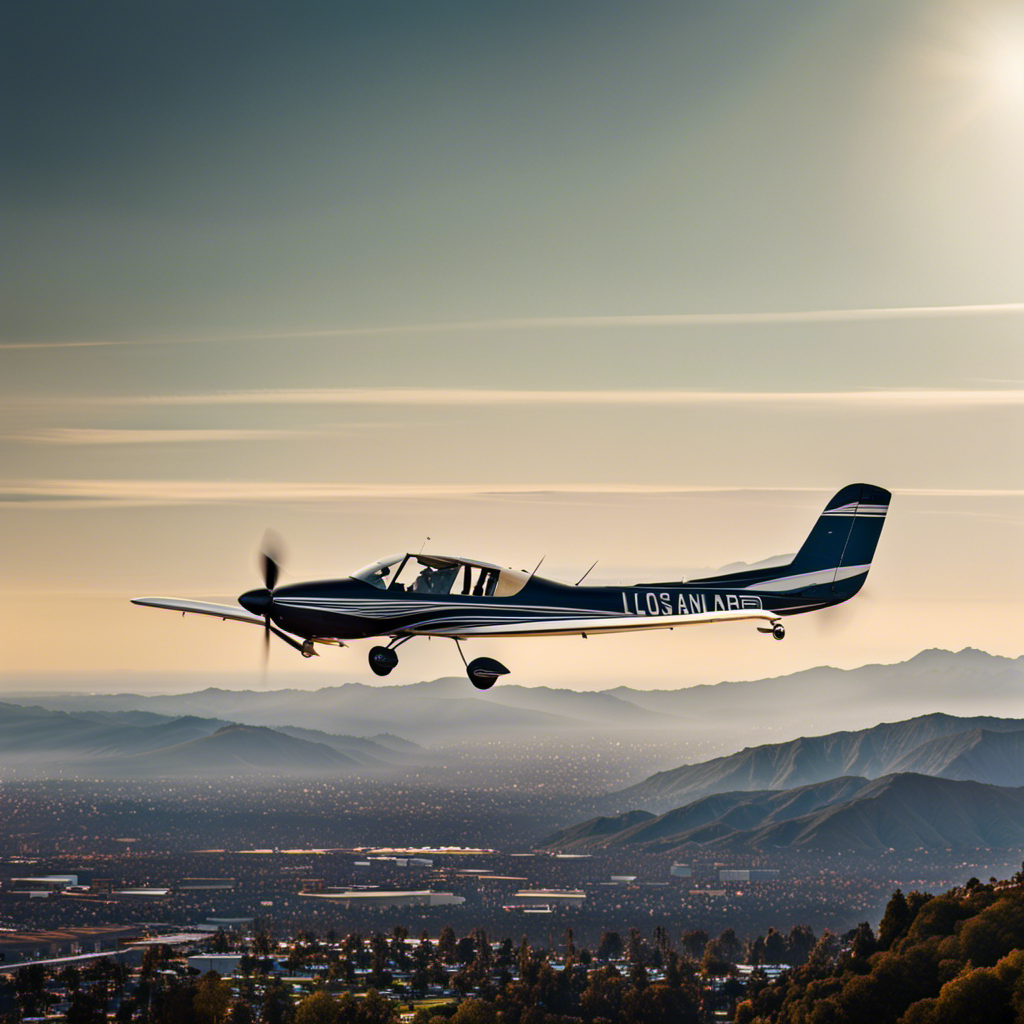 An image showcasing the sprawling beauty of Los Angeles, capturing a sailplane gracefully descending onto a picturesque landing strip nestled amidst the majestic San Gabriel Mountains, with the city's iconic skyline as a breathtaking backdrop