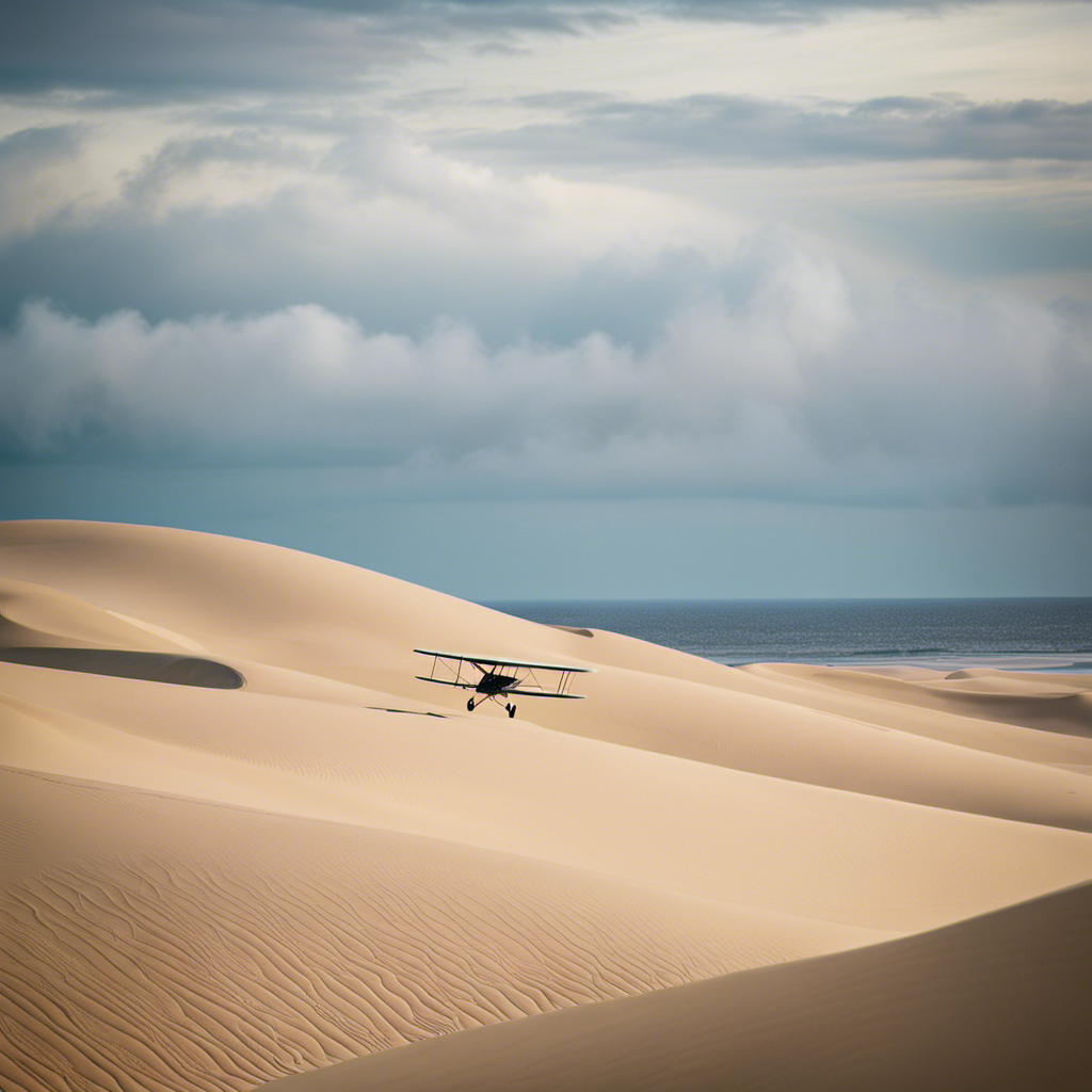 An image that depicts the exact location where Wilbur and Orville Wright successfully built their glider or plane, capturing the stark sandy dunes of Kitty Hawk, North Carolina, against a picturesque backdrop of the Atlantic Ocean