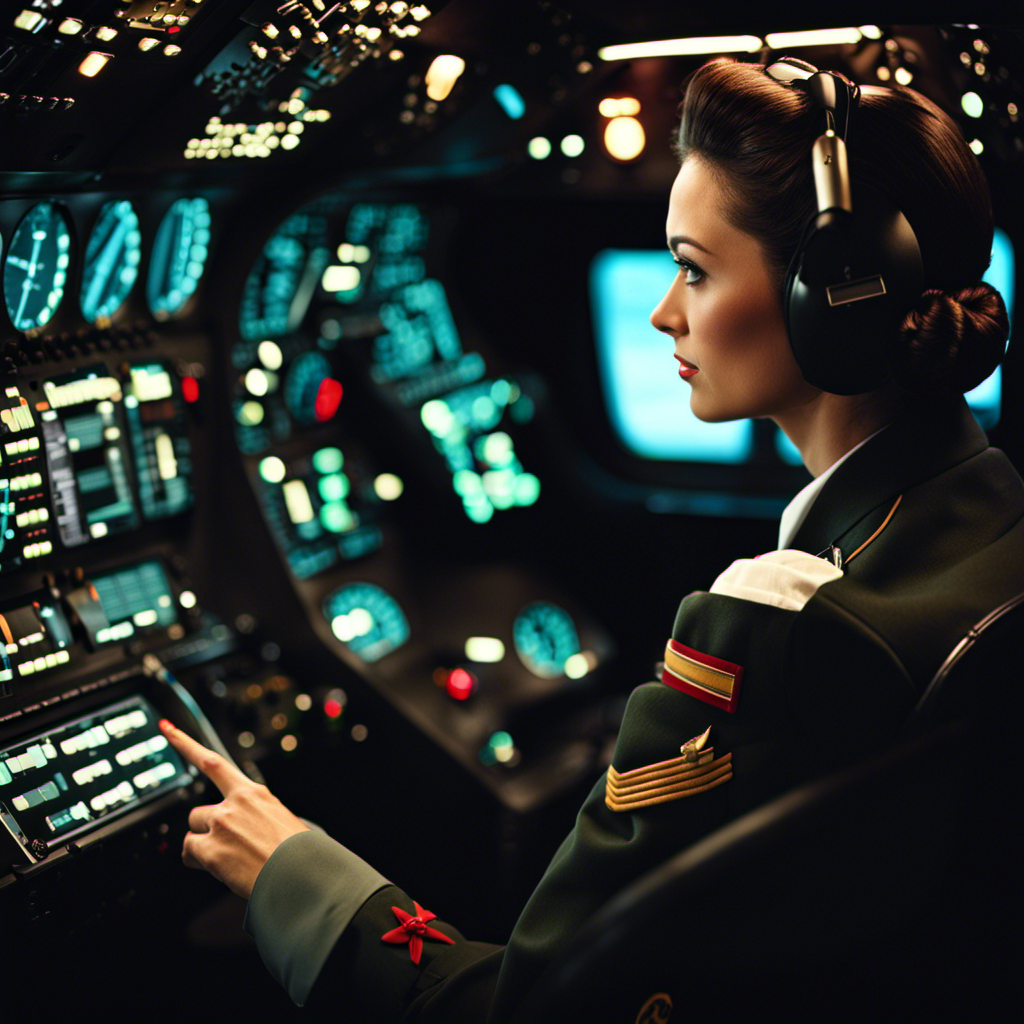 An image showcasing a female pilot seated in a cockpit, her gloved hand reaching for a discreetly positioned control panel, while a subtle sign points to a lavatory compartment within the aircraft