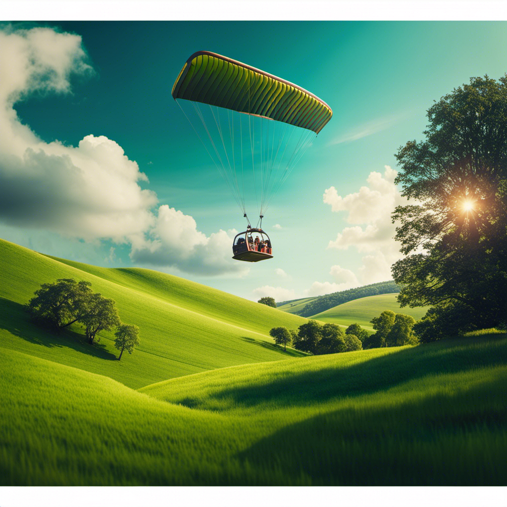 An image showcasing a serene landscape with rolling hills covered in vibrant green grass, a clear blue sky above, and a glider gracefully descending towards a picturesque landing spot surrounded by tall trees
