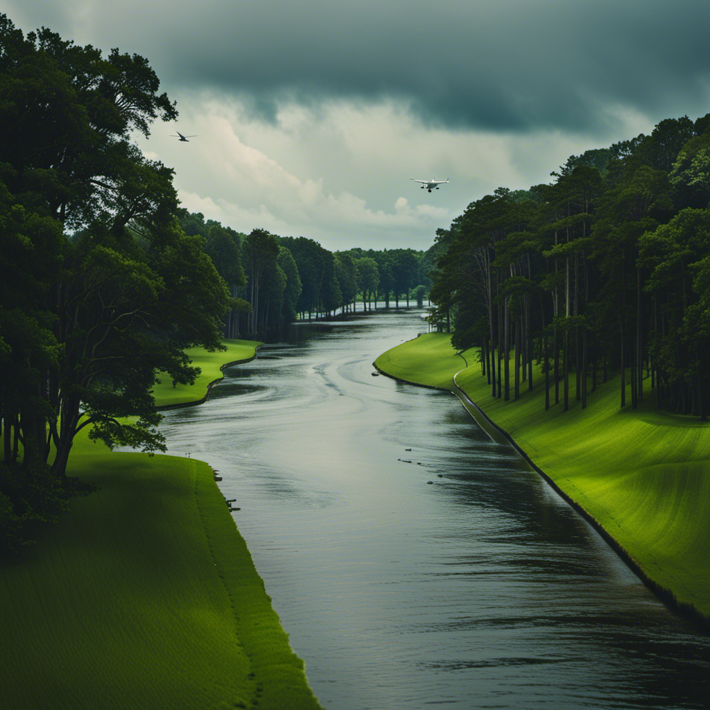 An image showcasing a panoramic view of Jacksonville's Soaring Flight Way engulfed in a serene, lush green landscape, contrasting against a backdrop of stormy seas, highlighting the uncertainty of its place in the hurricane evacuation plan