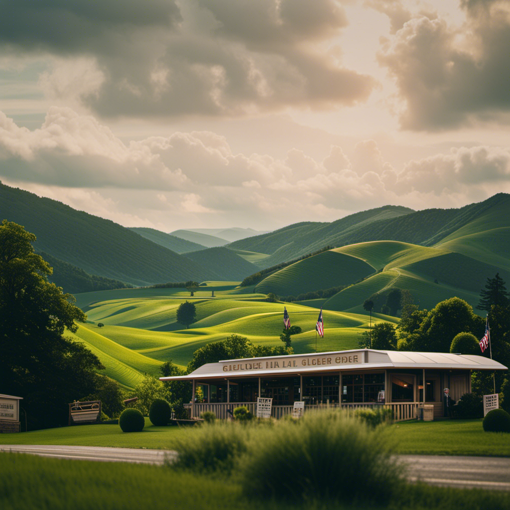 An image showcasing a serene landscape, with a quaint glider store nestled amidst lush green hills