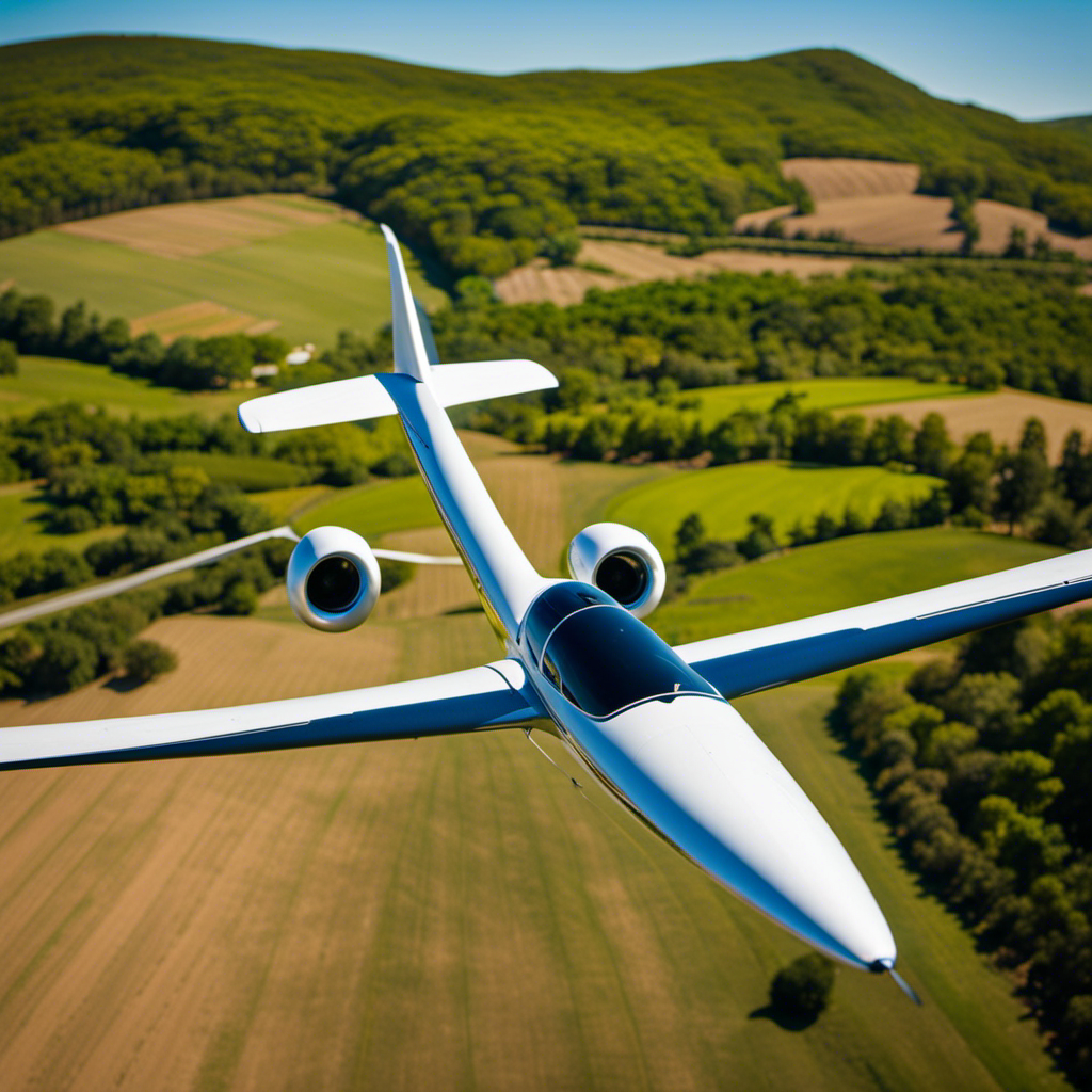 An image of a serene countryside with rolling hills and a clear blue sky, showcasing a sleek sailplane gliding gracefully through the air