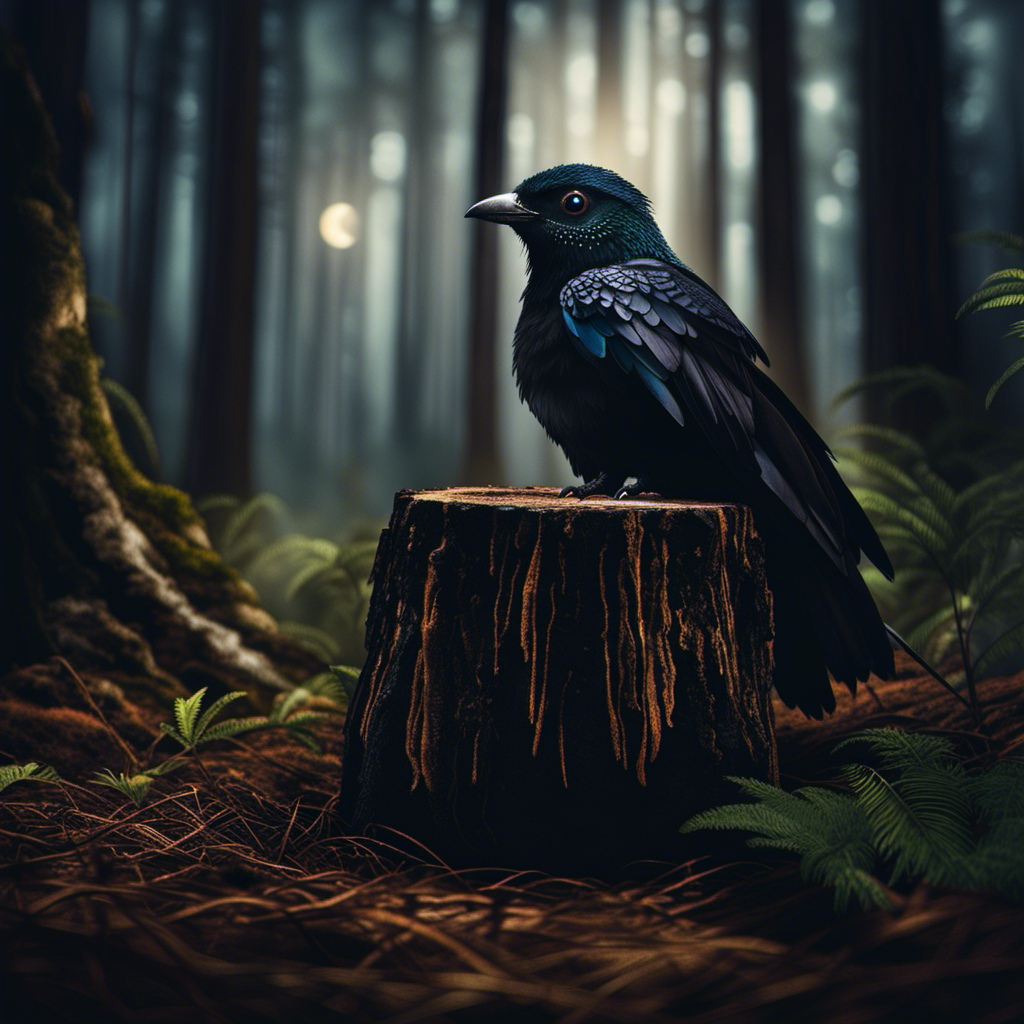 An image showcasing a mystical, moonlit forest at night, with a hidden, ancient tree stump adorned with shimmering black feathers