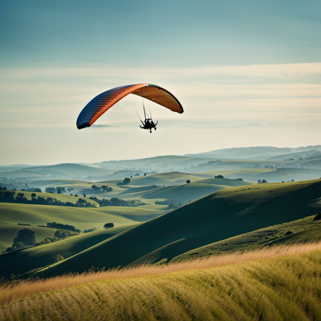 An image showcasing a scenic landscape with rolling hills and a clear blue sky, featuring an instructor in a hang glider, gracefully soaring through the air, inviting readers to explore nearby hang gliding lesson options