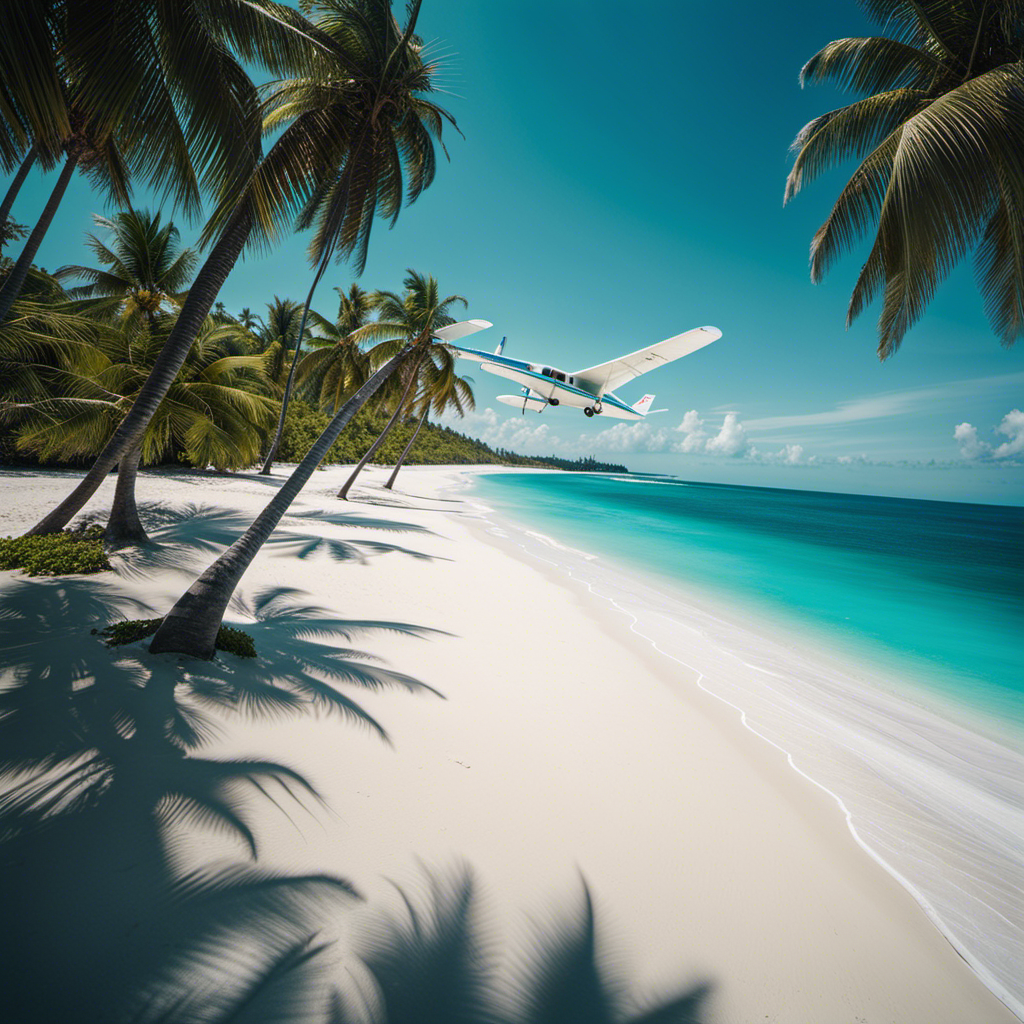 An image showcasing a serene, turquoise beach with pristine white sand, framed by lush palm trees
