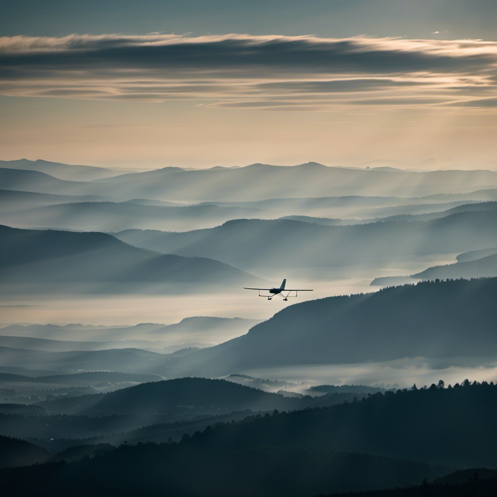 An image showcasing a serene landscape of the Jura Mountains, with the mesmerizing silhouette of a glider gracefully soaring through the air, capturing the birthplace of gliding in all its glory