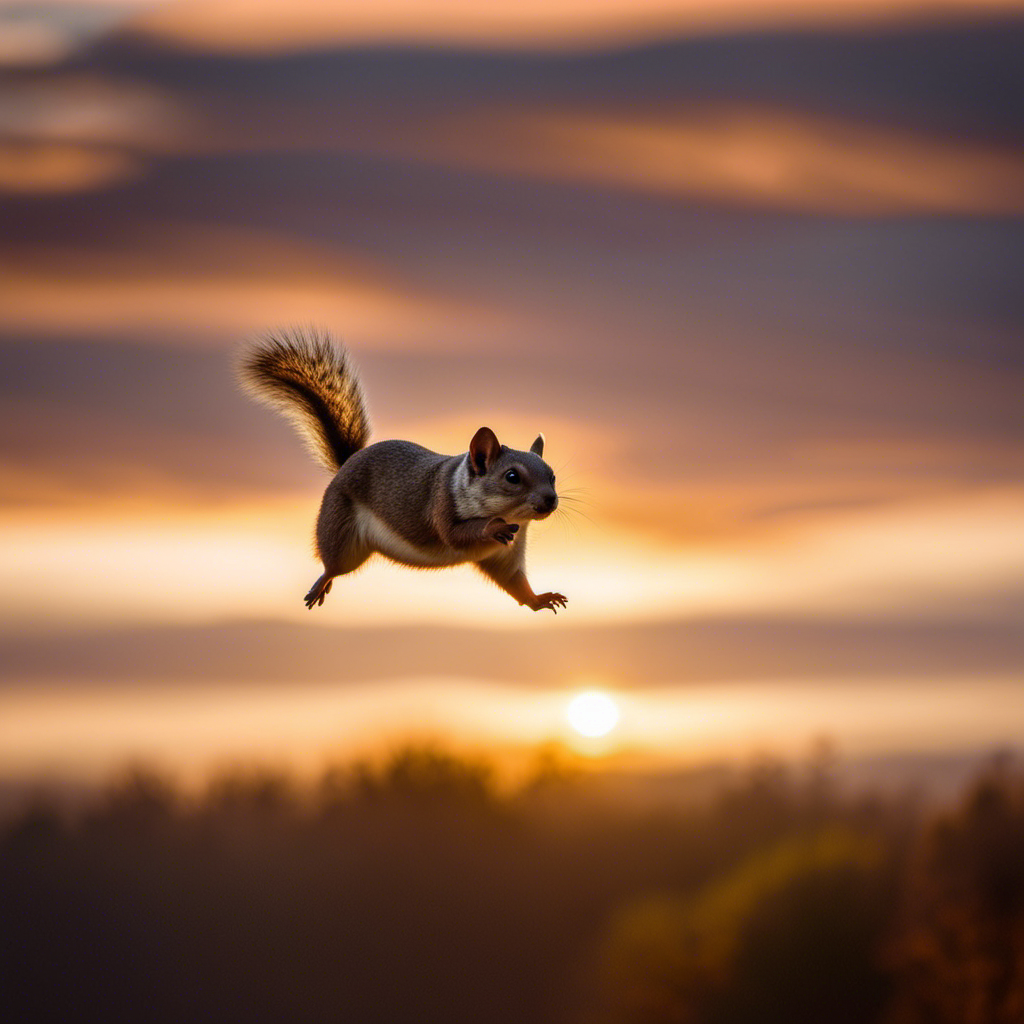 An image showcasing an elegant flying squirrel gracefully soaring through the air, its outstretched limbs forming a perfect silhouette against a stunning sunset backdrop, highlighting the unique gliding ability of these remarkable creatures