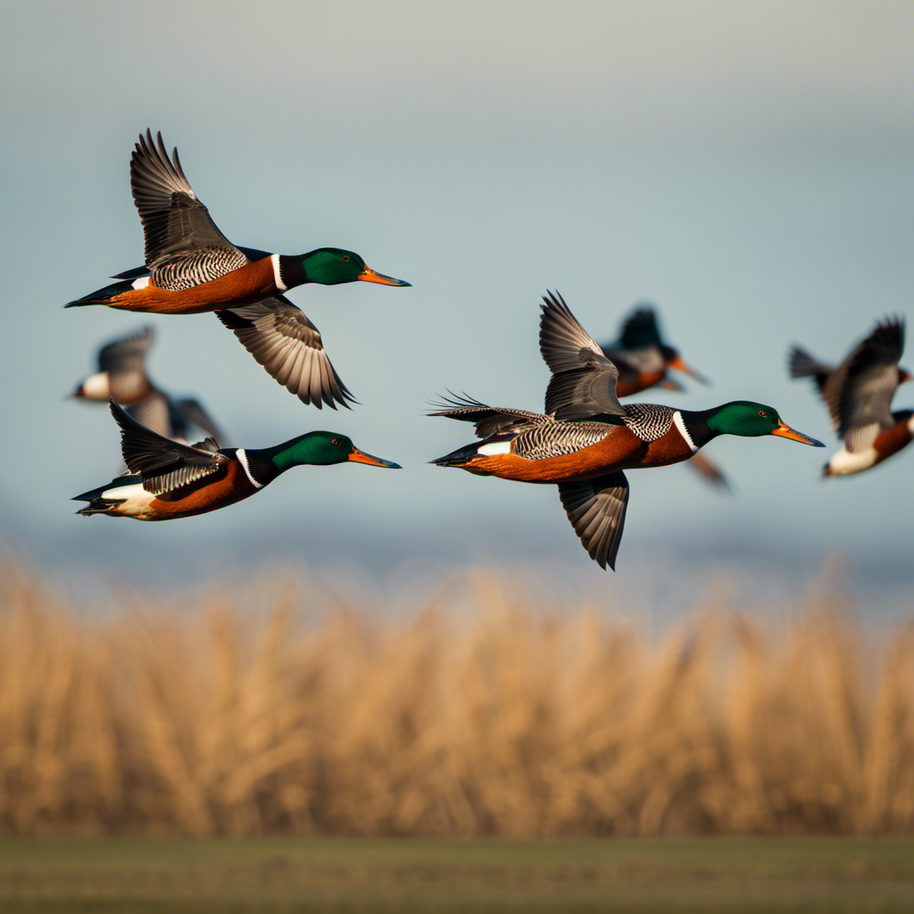 An image showcasing a flock of Anseriformes in mid-air, capturing the majestic flight of the Northern Shoveler with its elongated wings fully extended, gliding effortlessly across the tranquil sky