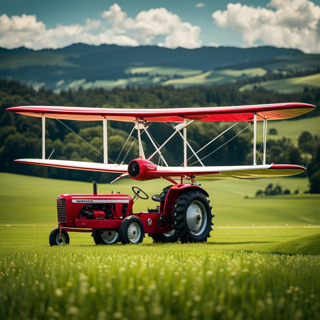 An image of a sunny airfield surrounded by lush green hills, showcasing a powerful red tractor equipped with a sturdy hitch, effortlessly towing a sleek white sailplane with precision, highlighting the ideal combination for a successful gliding adventure