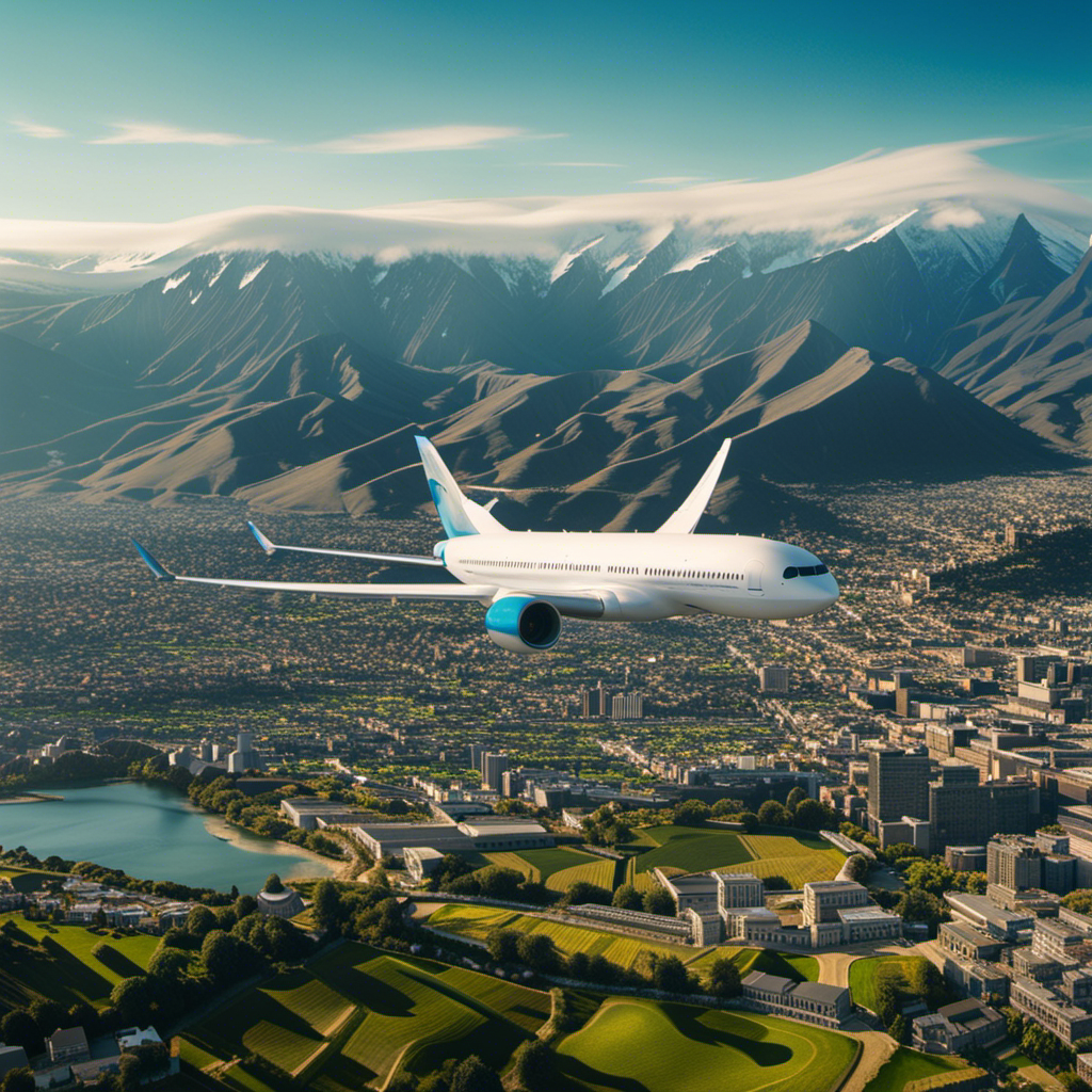 An image showcasing an airplane soaring gracefully through clear blue skies, with diverse landscapes below, including snow-capped mountains, lush green fields, sandy beaches, and bustling city skylines from various countries worldwide