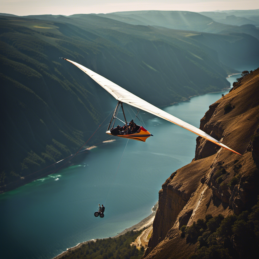 An image that showcases a hang glider launching from a towering cliff edge, with a fearless pilot using a rocket boost to propel themselves into the sky, surrounded by awe-inspiring scenery and a sense of adventure