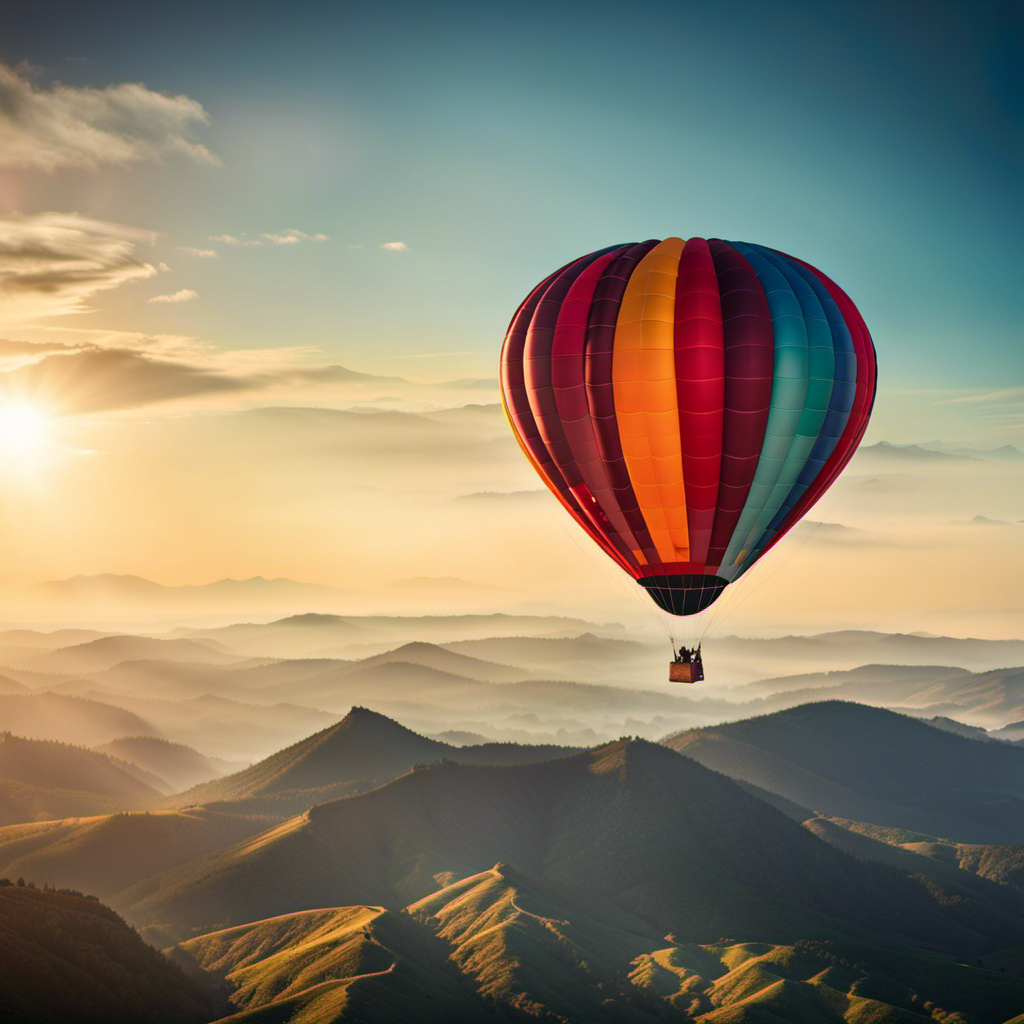 An image of a hand glider soaring through the sky, launched from a hot air balloon high above the mountains, with vibrant colors illuminating the scene and the glider's wings gracefully extended