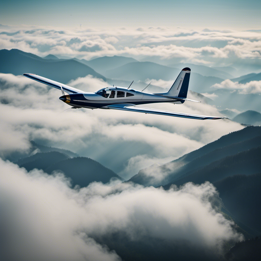 An image showcasing a serene mountain landscape with a sleek, high-performance sailplane soaring gracefully amidst fluffy white clouds, capturing the essence of the perfect sailplane for your soaring adventures