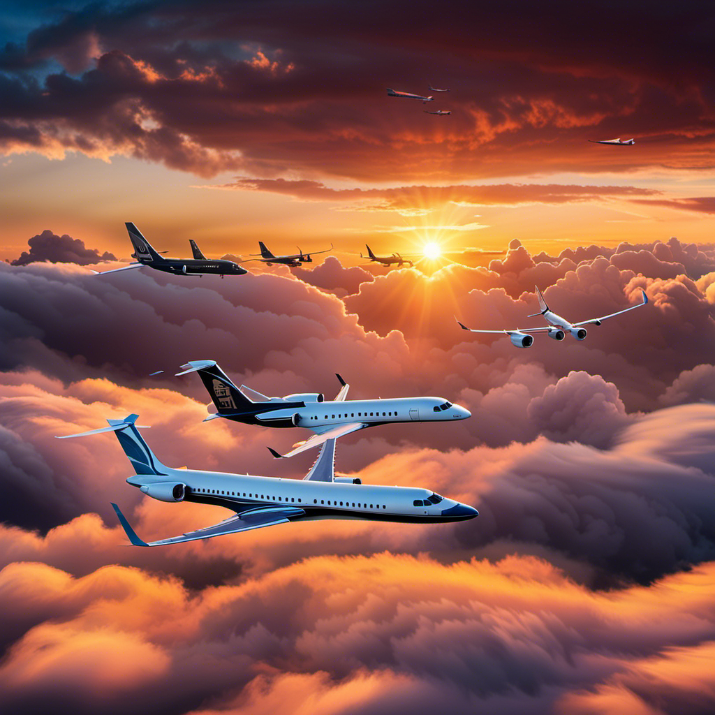 An image featuring a fleet of commercial passenger planes soaring across a vibrant sunset sky, while a private jet and a cargo plane gracefully navigate through billowing clouds, showcasing the diverse realms of aviation and their potential for prosperity
