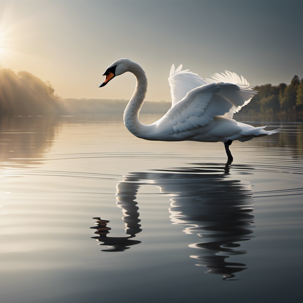 An image showcasing a graceful swan gently skimming across a serene lake, its smooth, reflective surface mirroring the sunlight, evoking the same ethereal quality as the word "glided