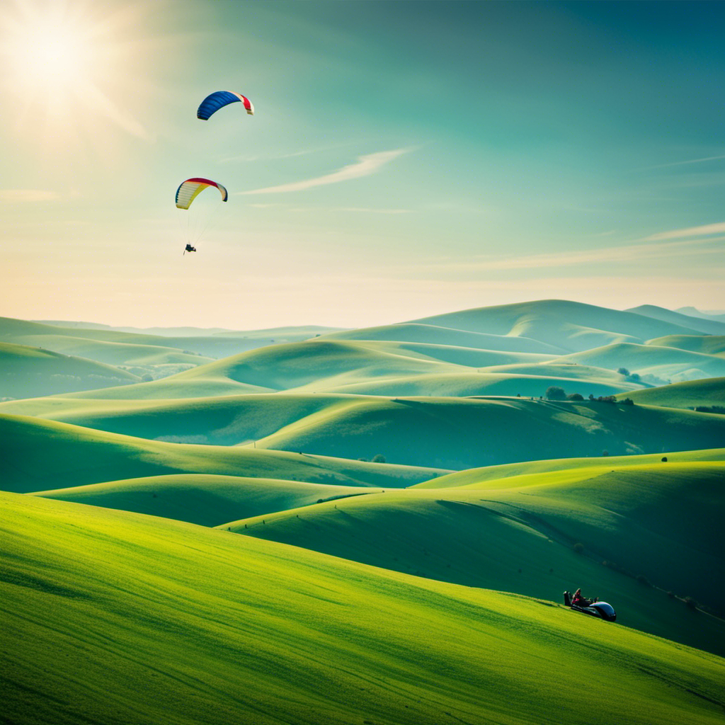 An image showcasing a breathtaking landscape of rolling green hills and a vibrant blue sky, with a single-seat glider soaring gracefully through the air, evoking a sense of freedom, tranquility, and the thrill of embarking on a solo adventure