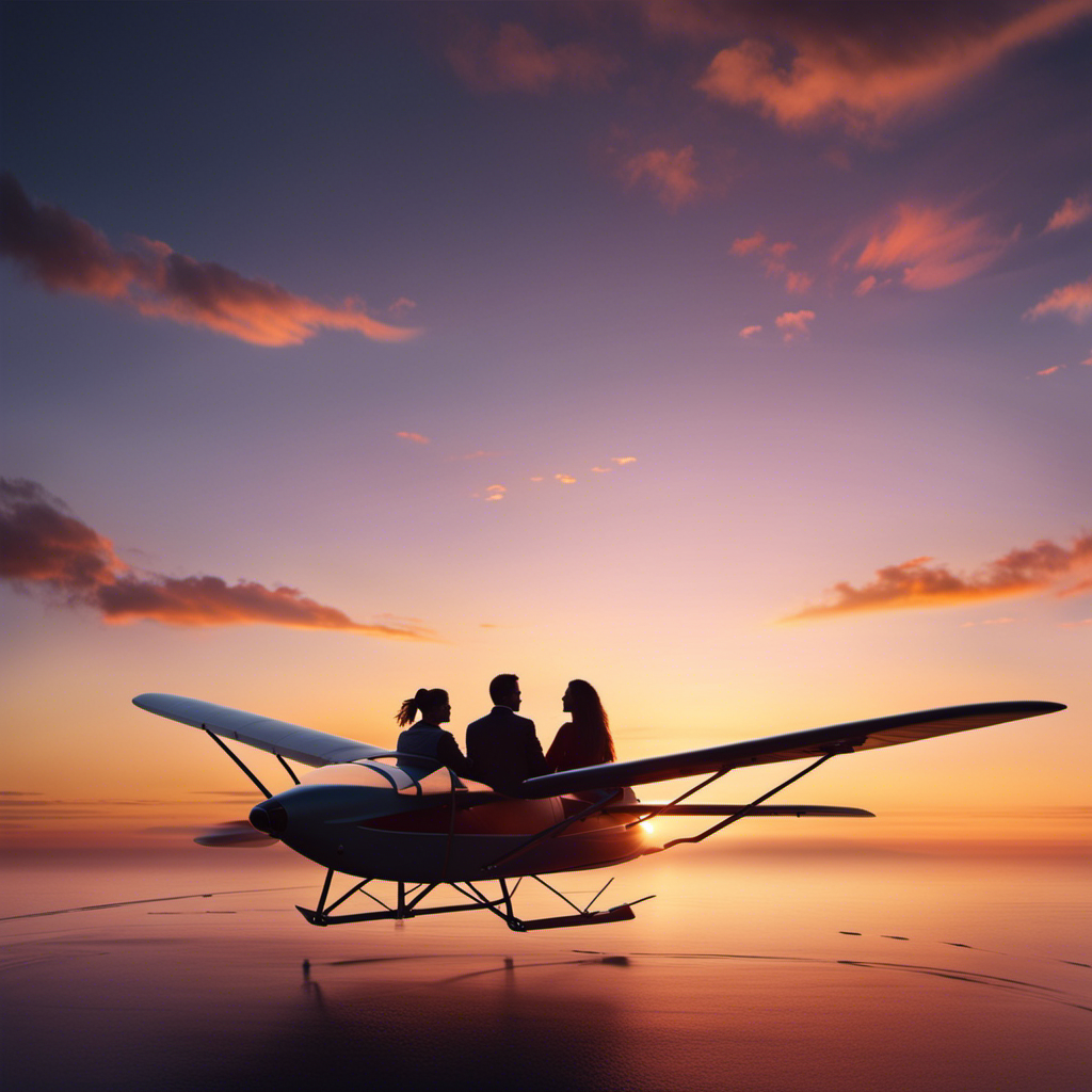 An image showcasing a serene sunset backdrop with a cozy two-seater glider soaring gracefully through the sky, a couple embracing each other, their hair gently swept by the wind, illustrating the perfect romantic adventure
