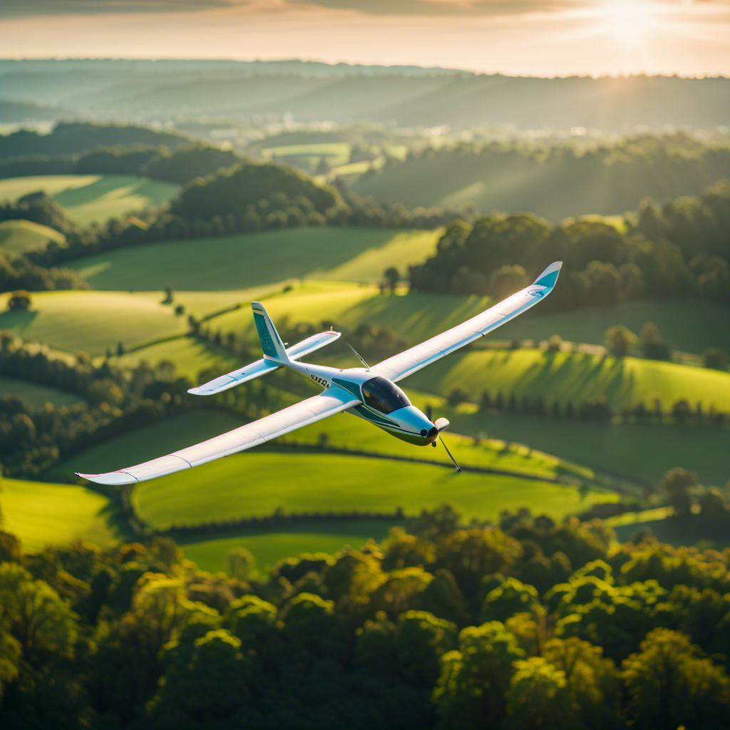 An image showcasing a glider soaring gracefully through a sun-kissed sky, with a panoramic view of lush green countryside below, evoking a sense of freedom, thrill, and the mesmerizing beauty of glider lessons
