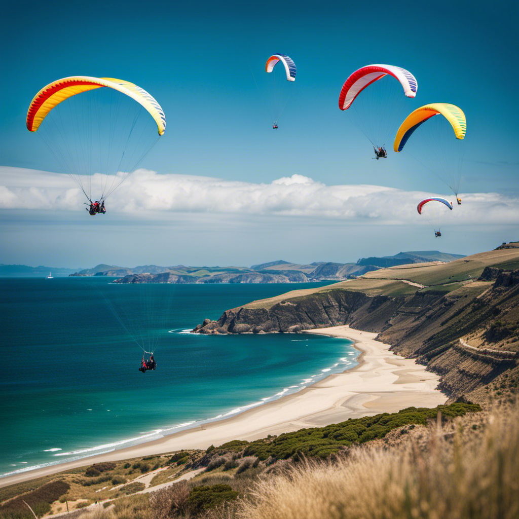 An image showcasing the exhilarating world of wind gliding: a vivid blue sky dotted with colorful paragliders soaring gracefully above a magnificent coastal landscape, capturing the essence of the ultimate beginner's guide to this thrilling sport