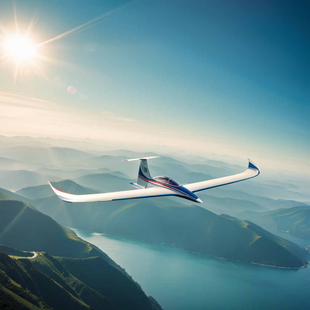 An image showcasing a vibrant, picturesque landscape with a soaring wing glider gracefully maneuvering through the clear blue sky