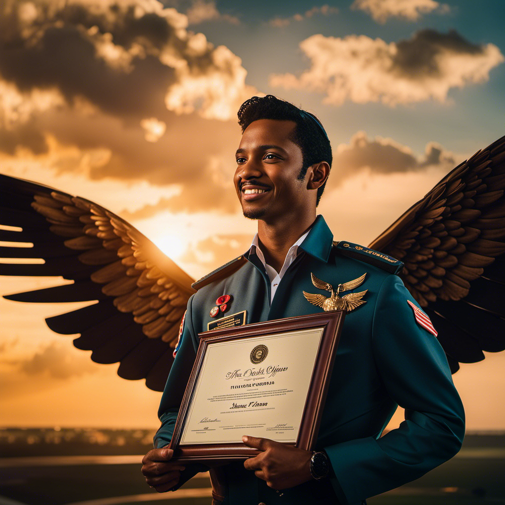 An image depicting a triumphant pilot, adorned with wings on their chest and holding a gleaming certificate, framed by a backdrop of clouds and a vibrant sunset, symbolizing the achievement of earning their license to fly a plane