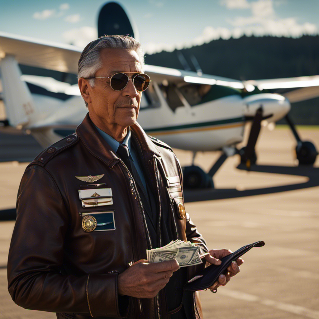 An image showcasing a pilot in a leather jacket, standing before a row of small planes on a sunny airfield