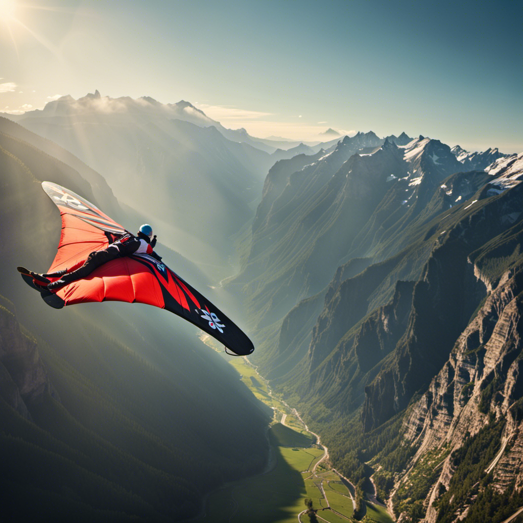 An image showcasing the exhilarating world of wingsuit gliding: a fearless glider, soaring through the sky with outstretched arms and legs, their vibrant wingsuit billowing in the wind as they navigate breathtaking mountainous terrain
