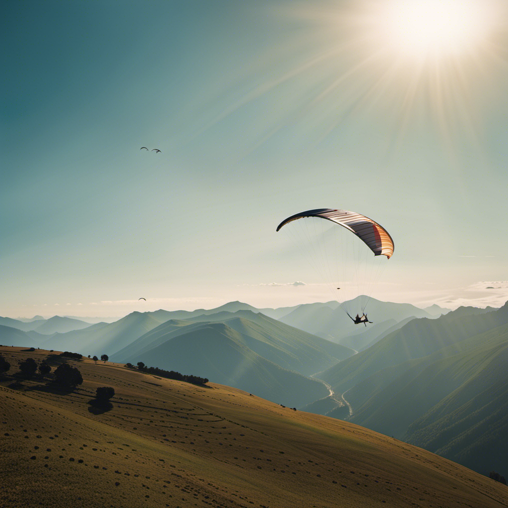 An image capturing a panoramic view of a sun-kissed mountainscape, where a determined hang glider soars through the crystal-clear sky, surrounded by majestic birds, showcasing the exhilarating journey towards obtaining a hang gliding license