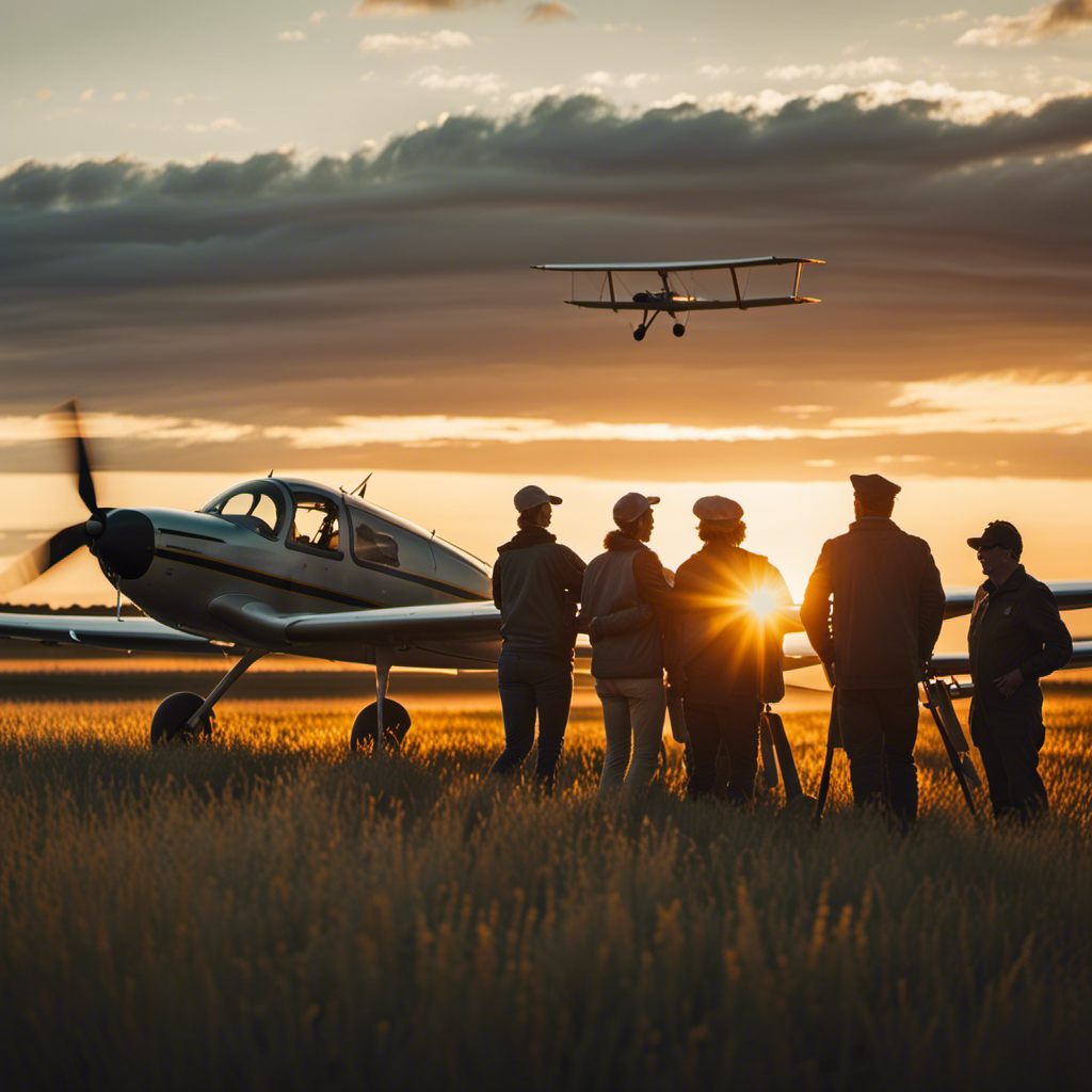 An image showcasing a serene sunset over a vast open field, with a group of enthusiastic aviators gathered around a small aircraft, hands-on, engaged in a free flight training session